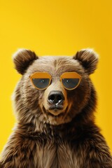 Fototapeta premium Brown bear wears orange sunglasses on colorful yellow background. Well-groomed furry animal stands relaxed with open mouth. Perfect for summer vibes, eco-friendly campaigns, and fun illustrations.