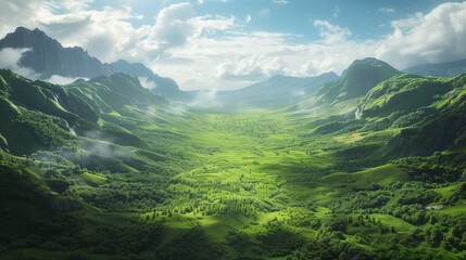 Naklejka premium A panoramic view of a lush green valley teeming with wildlife.