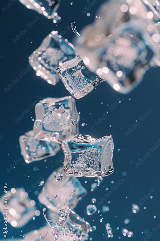 Poster a close-up shot of ice cubes floating in water, perfect for use in illustrations or as a background 