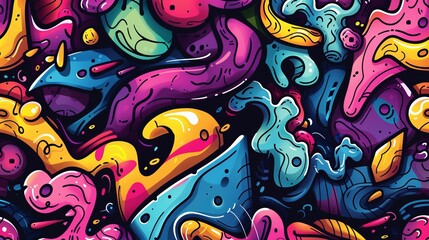 This image displays a colorful abstract illustration with vibrant dynamic shapes, creating a lively and artful composition full of movement and energy.