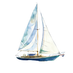Fototapeta premium Elegant watercolor painting of a sailing boat with white sails and serene colors, perfect for nautical themed designs and decor.