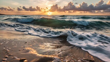 Obraz premium a beach with a wave coming in to the shore