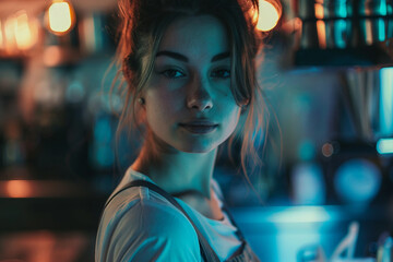 Fototapeta premium Modern classic interior coffee shop with friendly barista tasty takeout drink, Generative AI