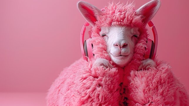 Cute ilama listening to music with headphones on, enjoying it very much, with copy space, 3d real photo 