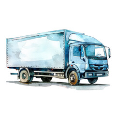Watercolor illustration of a delivery truck. Blue vehicle with a white cargo area on a transparent background. Ideal for logistics or transport themes.