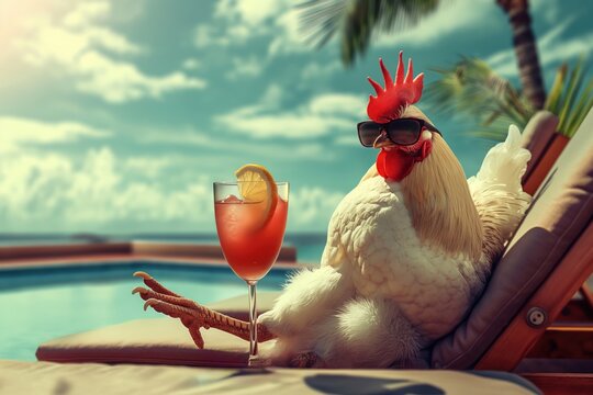 A white chicken relaxes on a wooden lounge chair near a pool with palm trees. The bird wears sunglasses and holds a glass of red wine. A perfect blend of relaxation and luxury.