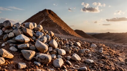 a pile of rocks sitting on top of a dirt field