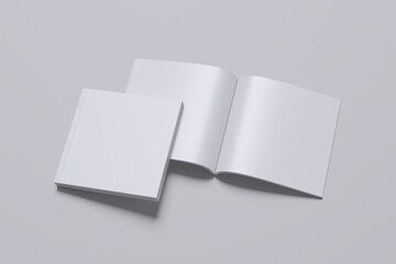 Blank  Cover And Open Square Magazine On Light Grey Background.   

