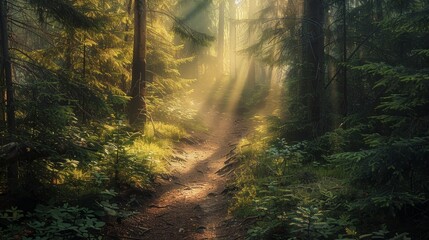 Obraz premium A forest path is illuminated by the sun, creating a peaceful