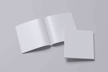 Blank  Cover And Open Square Magazine On Light Grey Background.  
   
