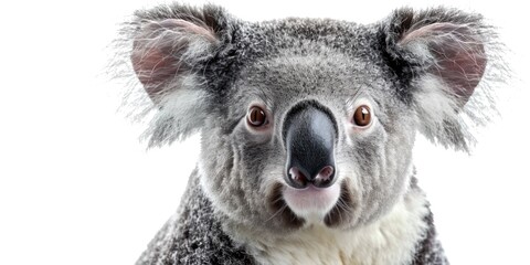 Fototapeta premium A close-up photo of a koala bear sitting on a white background, looking directly at the camera
