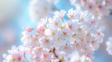 Fototapeta premium Cherry blossoms on sakura tree blooming in spring against blue sky close up shot