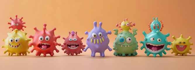 Fototapeta premium 1. Create a set of charming 3D cartoon viruses, each wearing tiny hats and smiling brightly, showcasing a variety of shapes and colors.