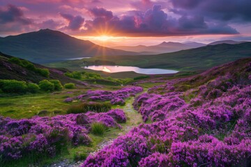 Obraz premium A serene landscape featuring purple flowers near a lake, perfect for use in environmental or travel-themed projects