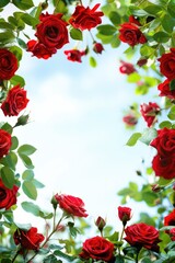 A bouquet of red roses surrounded by green leaves in a circular shape