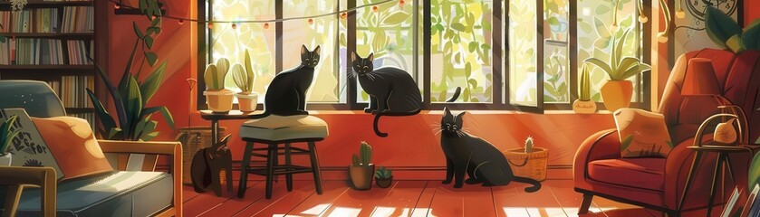 A cozy living room with three black cats, plants, and sunlight streaming in through the windows.