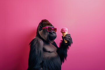 Gorilla holds pink ice cream cone against colorful studio backdrop. Happy primate wears pink sunglasses and shirt, raises left hand in greeting or celebration. Fun animal photo with playful vibe.