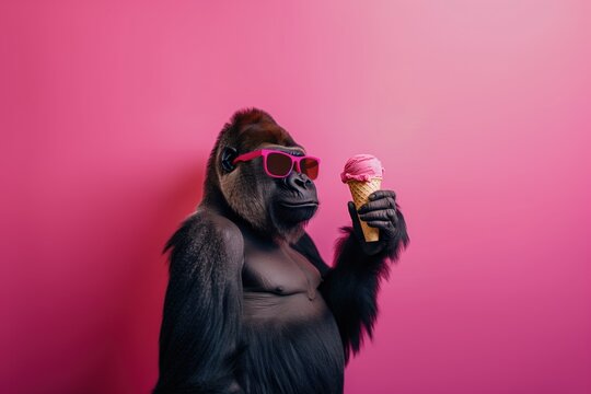 Gorilla holds pink ice cream cone against colorful studio backdrop. Happy primate wears pink sunglasses and shirt, raises left hand in greeting or celebration. Fun animal photo with playful vibe.