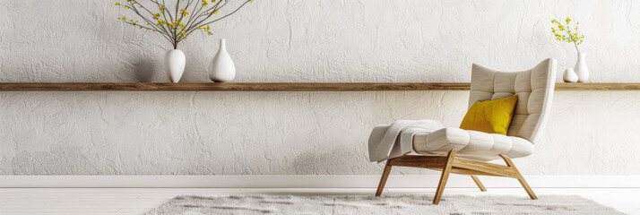 Minimalist property interiors composition with minimal furniture, ample copy space and neutral tones. Residential interiors design for Real Estate luxury apartment.