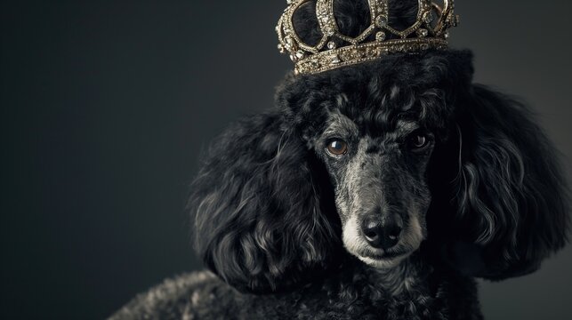 black poodle dog with elegant golden crown