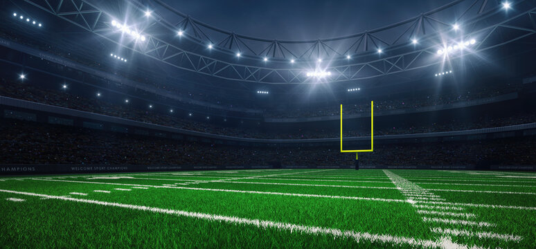 Modern sport stadium at night and american football field with yellow goalpost ready for the match. Sports background as 3D illustration in horizontal format for advertising.