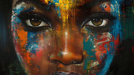 colorful close-up of a black woman captured in vibrant brushstrokes, blending hues that evoke emotion and depth, celebrating diversity and artistry in a contemporary aesthetic