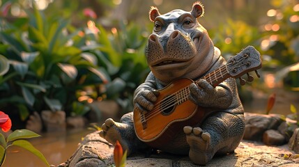 Obraz premium Hippo playing guitar in garden