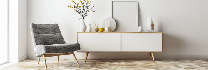 Minimalist property interiors composition with minimal furniture, ample copy space and neutral tones. Residential interiors design for Real Estate luxury apartment.