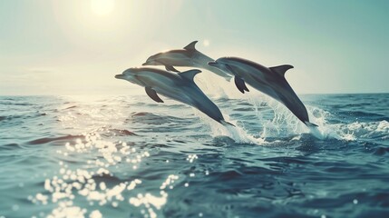 Fototapeta premium A playful pod of bottlenose dolphins leaping in unison above the water's surface, their sleek bodies glistening in the sunlight.