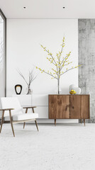 Minimalist property interiors composition with minimal furniture, ample copy space and neutral tones. Residential interiors design for Real Estate luxury apartment.