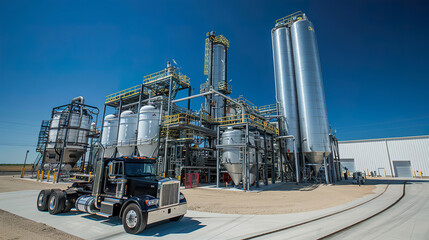 Ethanol production facility with silos, storage tanks, industrial truck, blue sky
