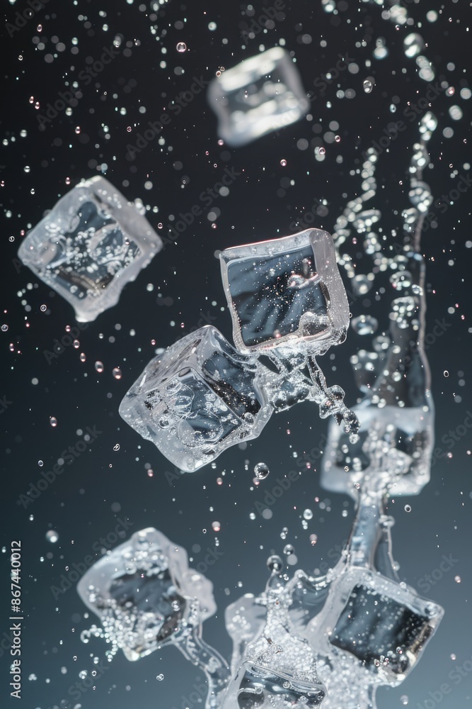 Poster frozen ice cubes floating on the surface of the water, suitable for use in illustrations about cold 