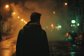 A person walking alone on a dark street at night