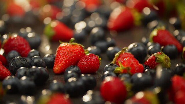 Blueberries and strawberries fall on seasonal berries in a satisfying video. Background video of beautiful juicy tasty organic eco fruits. High quality 4k footage