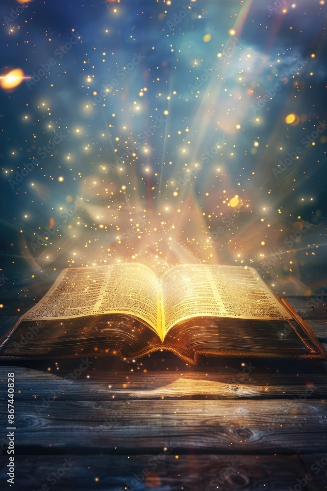 Poster a classic open book sitting on a wooden table with a simple and elegant design