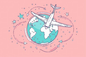 Airplane flying around the earth in a pink universe with stars and arrows global travel concept