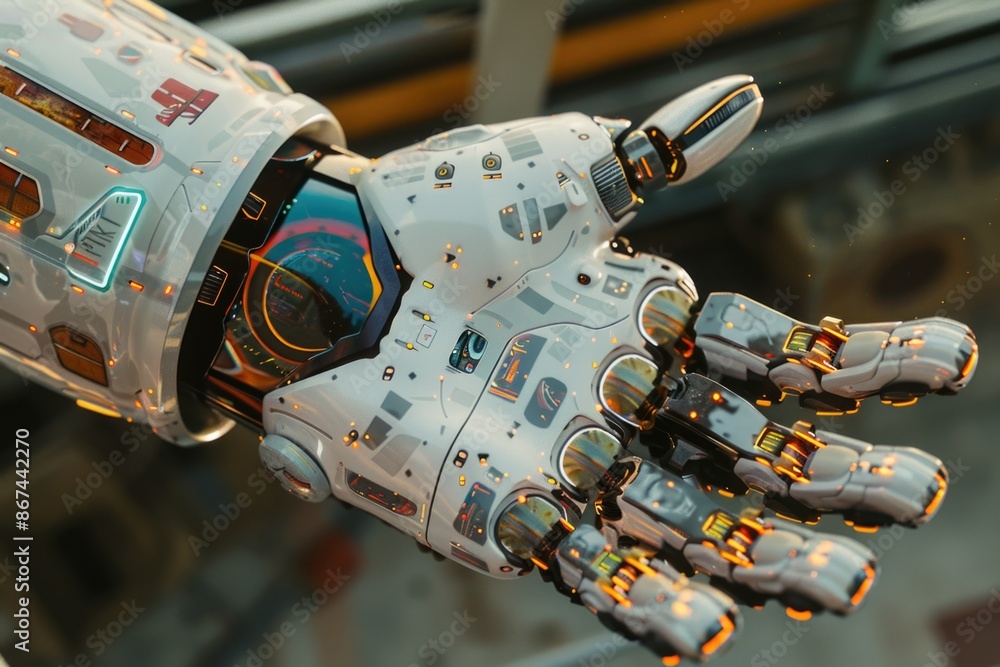 Aufkleber a detailed view of a robot's mechanical hand with various components and tools