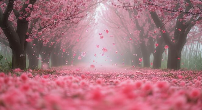 Pink Cherry Blossom Trees In A Misty Forest During Spring