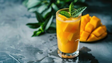 Inviting mango beverage on neutral surface Room for text