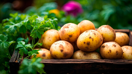 Potatoes in a box in the beautiful garden Selective focus