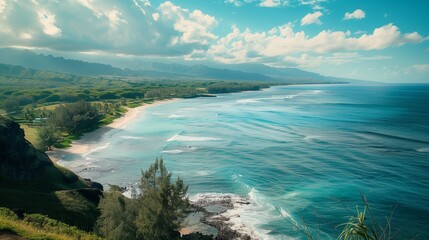 A scenic view of the beach from a cliffside lookout.