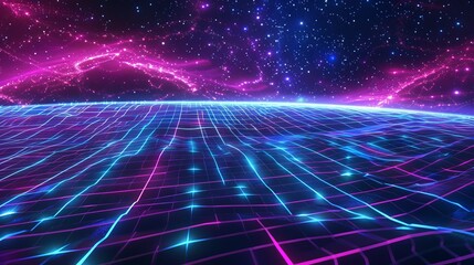 A vivid and abstract digital landscape featuring neon grids, starry skies, and vibrant colors, evoking a sense of futuristic technology and virtual reality.