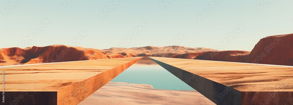 Poster 2. create an image of a floating desert highway in a minimalist 3d style, showcasing a sliced ground