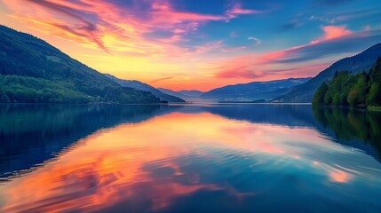 A serene lake reflecting the colors of the sunset.