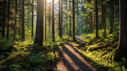 Obraz premium Serene Forest Paths with Sunlight.