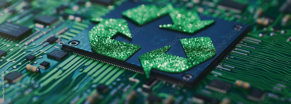 Aufkleber 1. generate an image of a green recycle sign integrated into a circuit board, symbolizing the concep