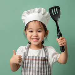 Portrait photography of a cute little professional, smiling cute little Cashier with a bill, showing thumb-up, on yellow pastel color background, editorial style