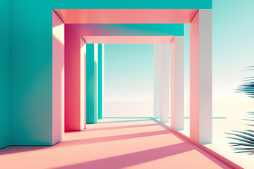 geometric structure flat design, side view, architectural theme, 3D render, Complementary Color Scheme