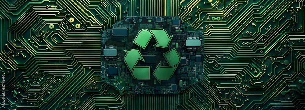 Poster 3. design an artistic interpretation of a futuristic computer circuit board featuring prominent gree