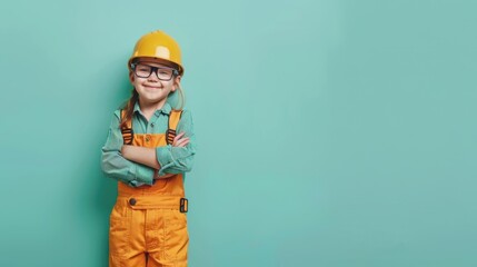 A cute little professional, smiling cute little Cashier standing on a mint green background with space above for text